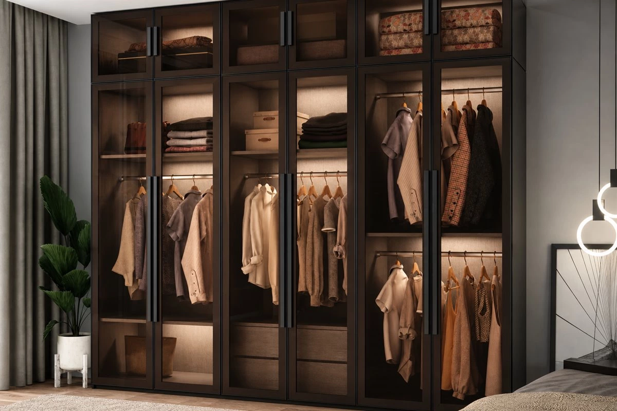 Narrow walk-in closet corridor layout with built-in wardrobe cabinets