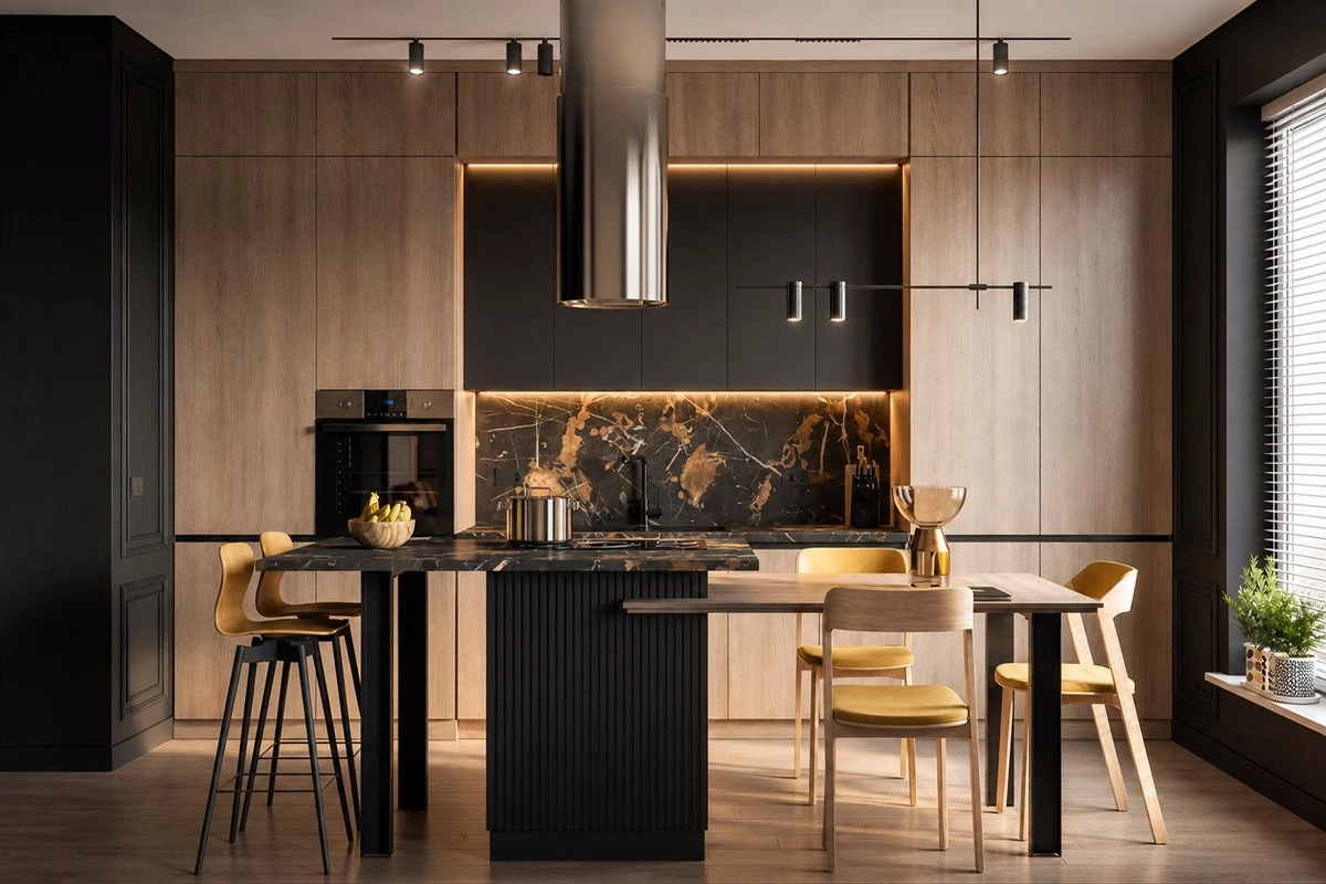 Triangular Island Open Kitchen Diner Triangular kitchen island and bar counter in an open plan kitchen diner