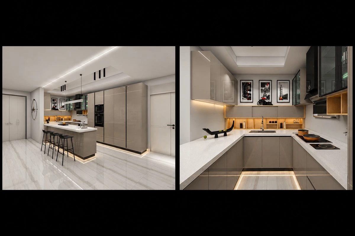 U-shaped minimalist modern kitchen design with eat-in peninsula