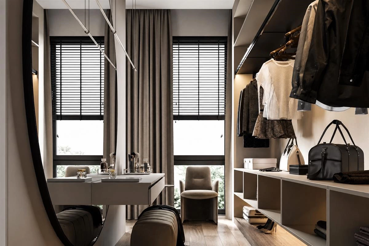 Floor to ceiling walk in closet organization with vertical storage
