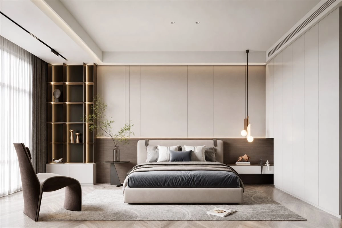 Custom wardrobe with built-in bedside table and display niche