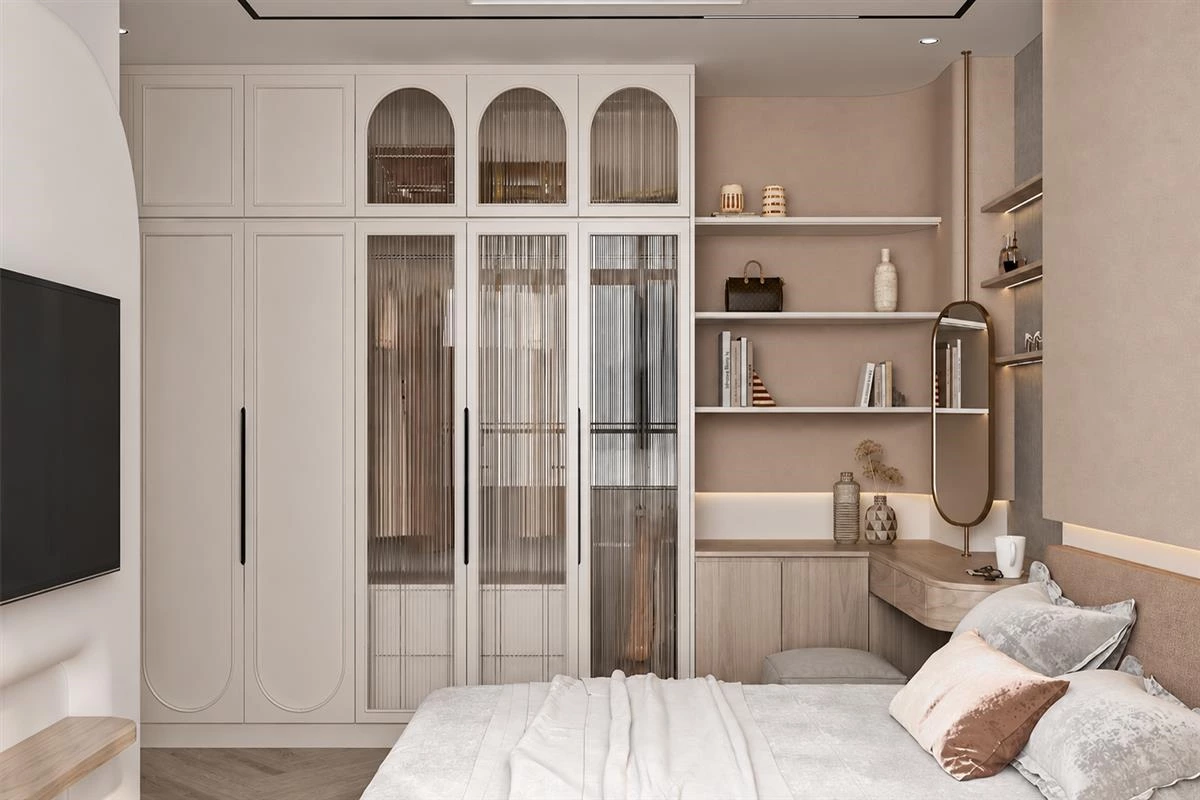 Full height wardrobe with built in dresser and vanity area