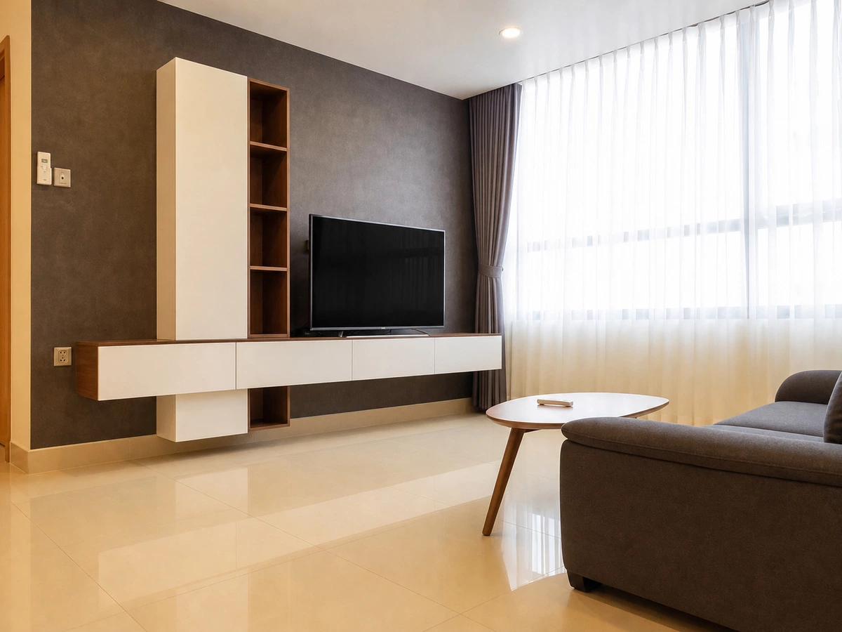 Coordinated TV cabinet for a Ho Chi Minh apartment with white lacquer kitchen cabinets