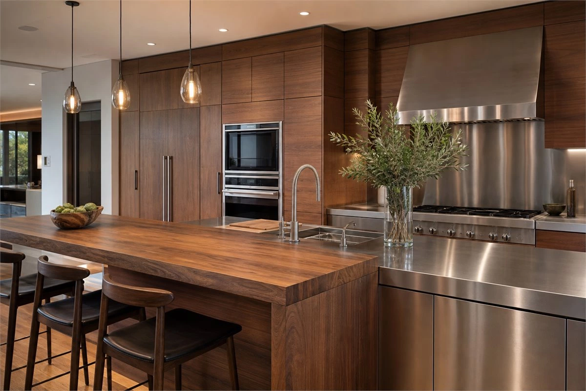 Wood and stainless steel countertop combination in a modern custom kitchen