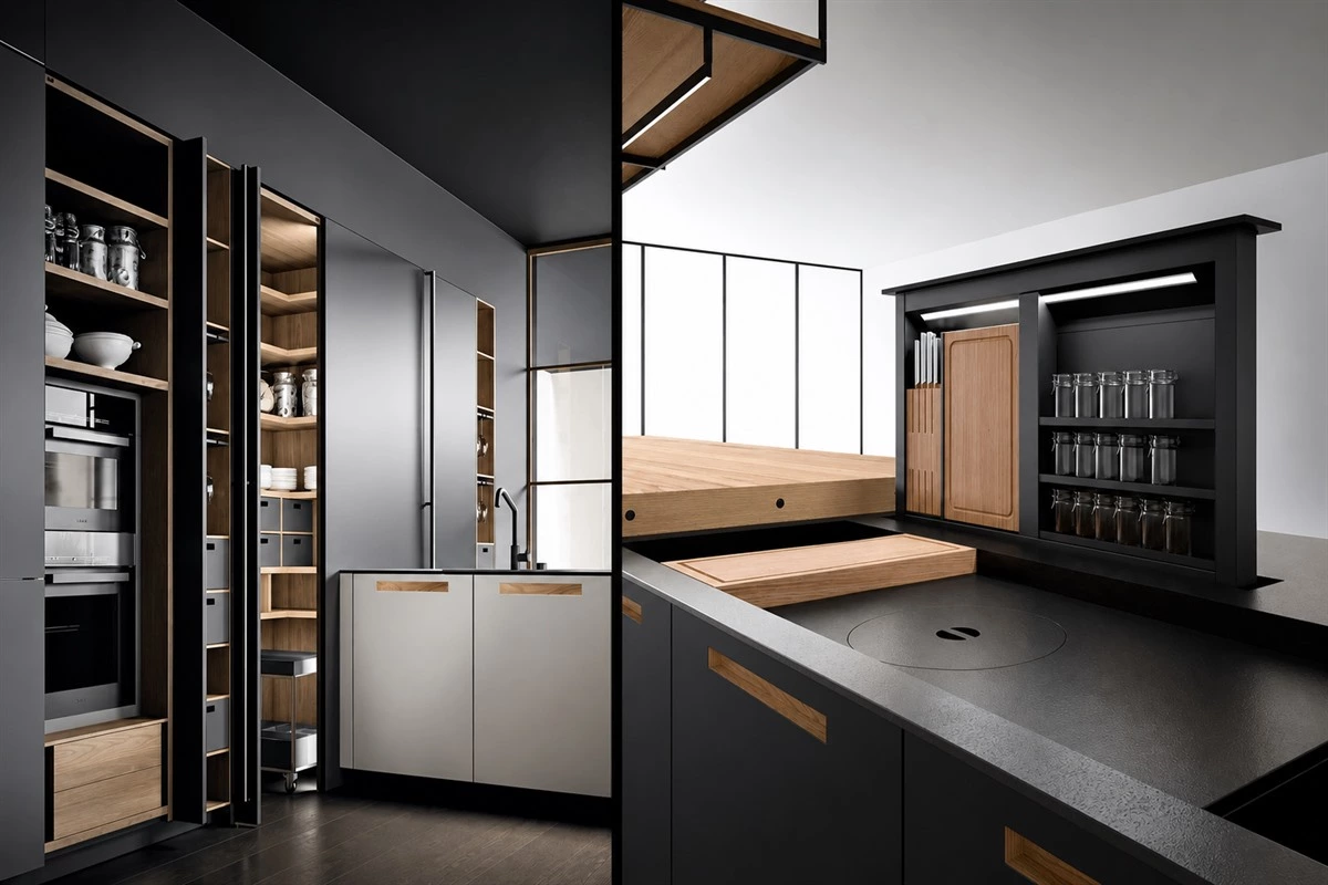 Wood and stainless steel kitchen cabinets with refined natural materials