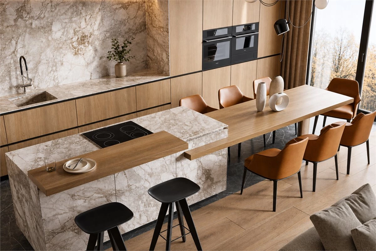 Wood kitchen cabinets with natural stone island and backsplash