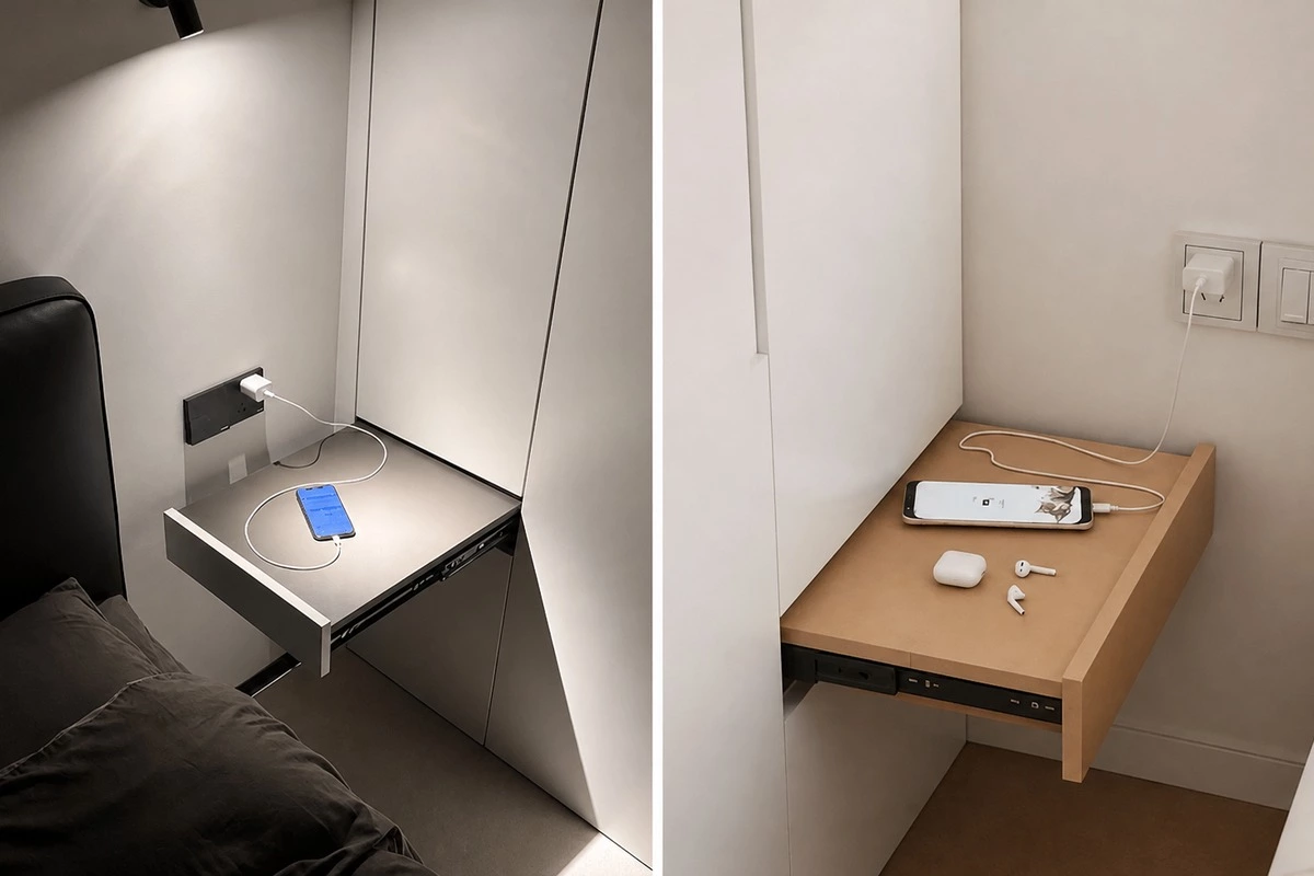 Bedside pull-out drawer integrated into a custom wardrobe