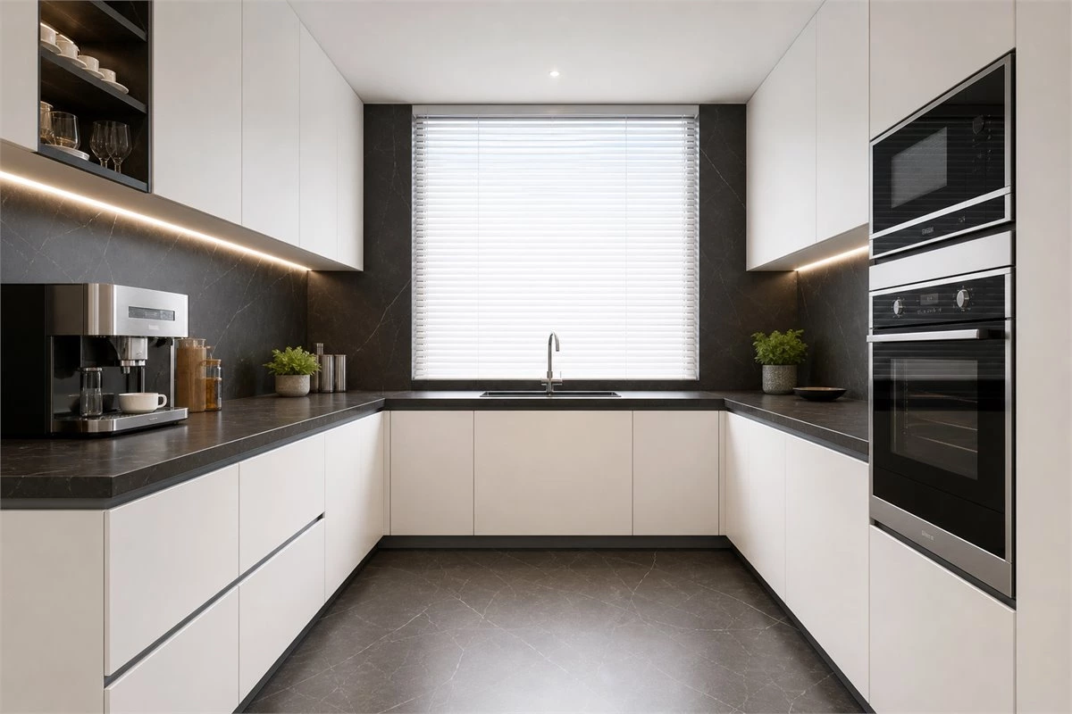 Built-in kitchen appliances integrated with modern custom cabinets