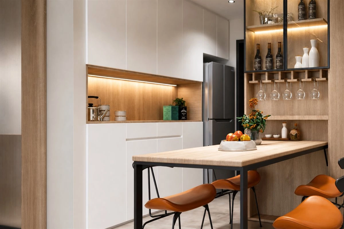 Built-in sideboard with refrigerator surround and wine storage