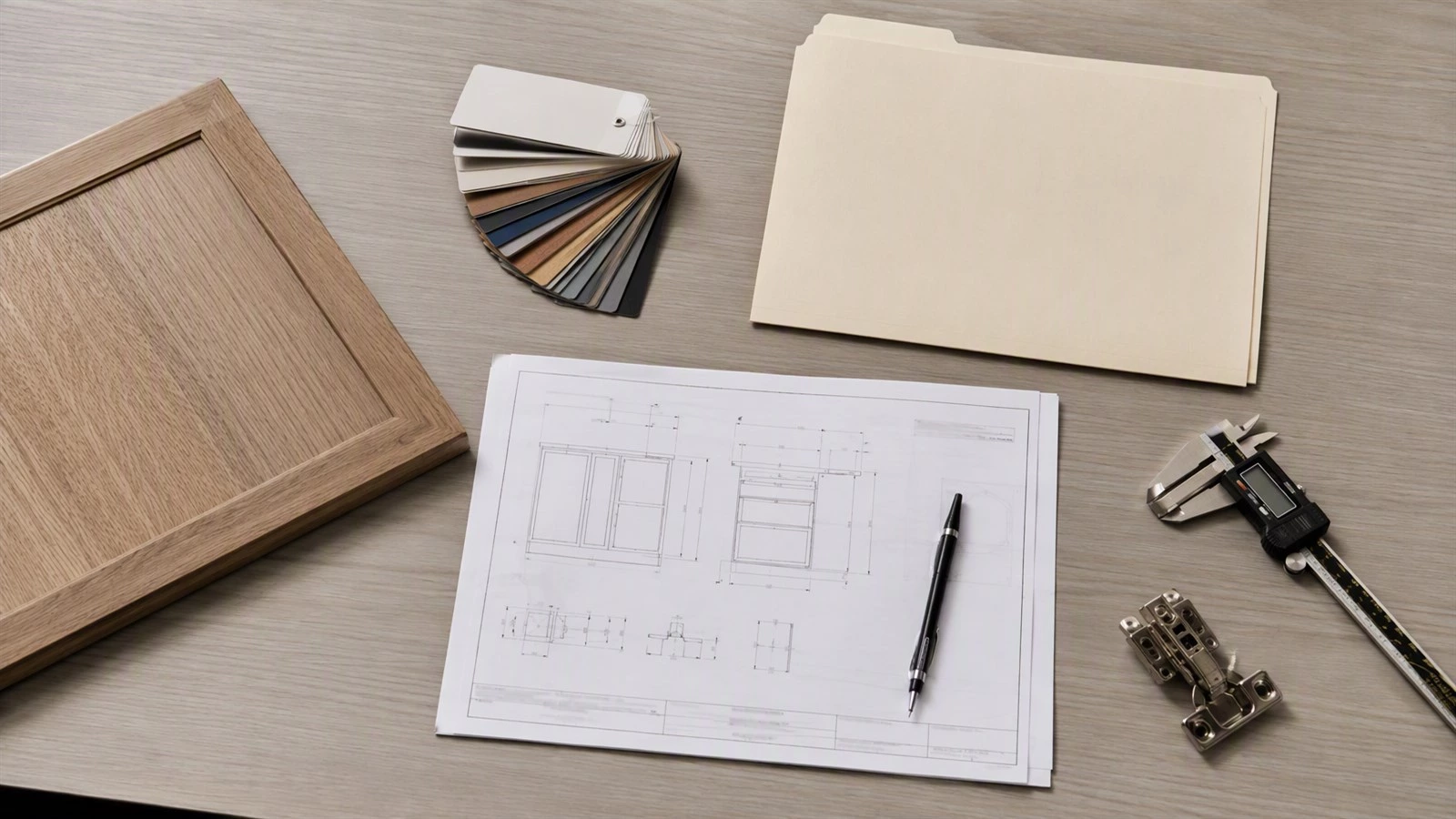 Custom cabinet material compliance document pack with board label, approved sample, hardware schedule, and inspection checklist