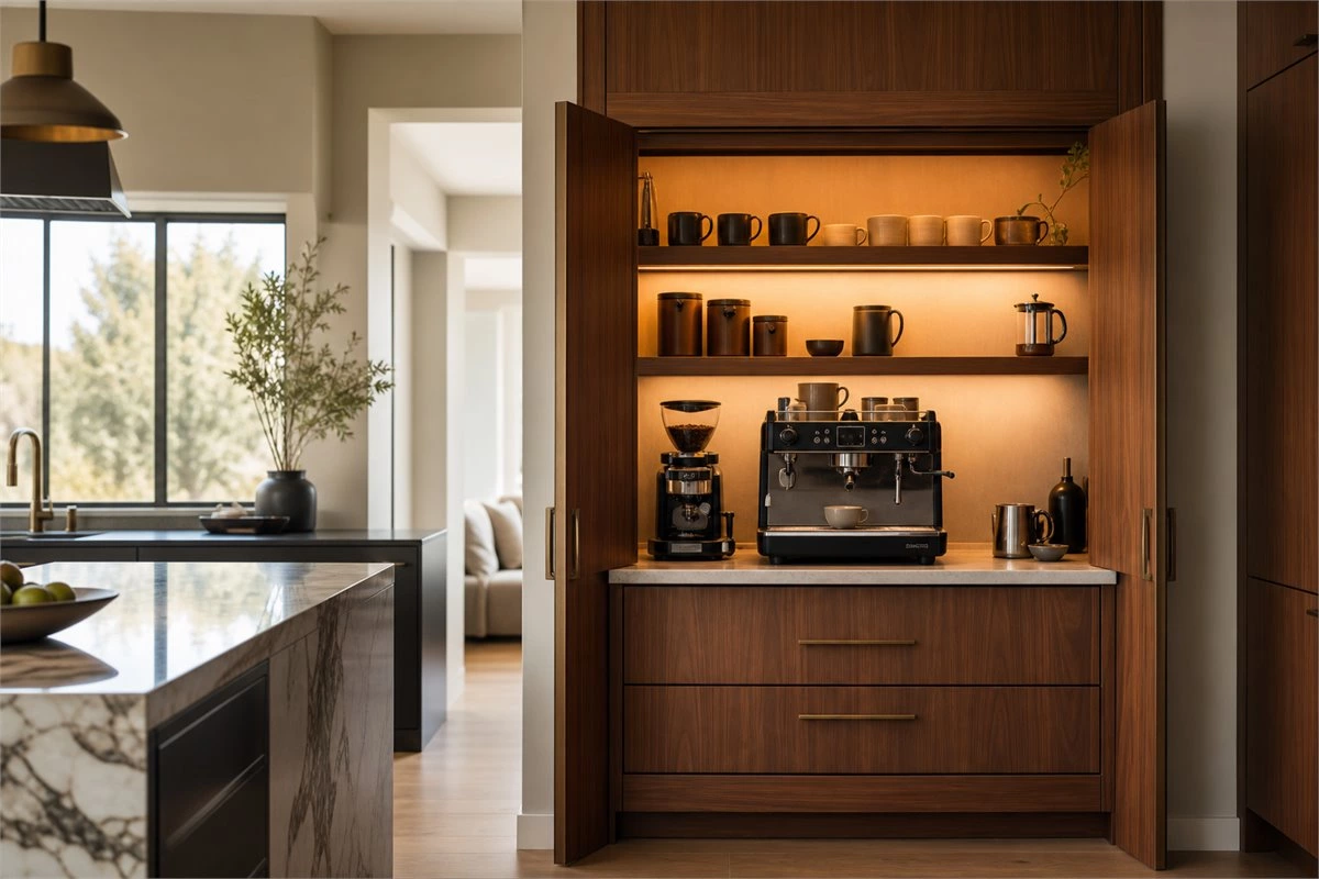 Custom coffee station inside a kitchen appliance garage