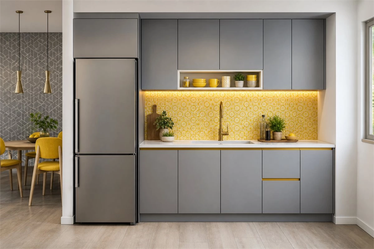 Colorful yellow kitchen backsplash with warm cabinets and gold faucet