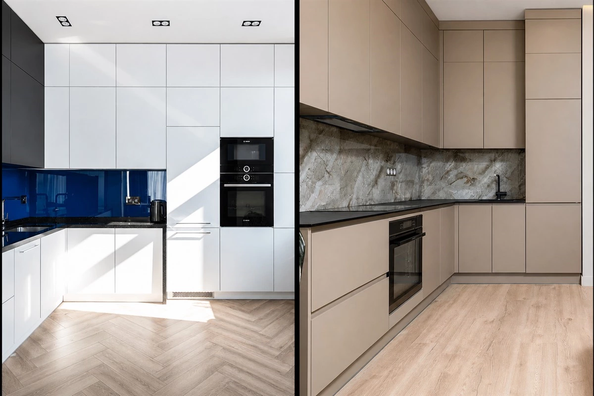 Kitchen cabinets and backsplash in coordinated contrasting shades