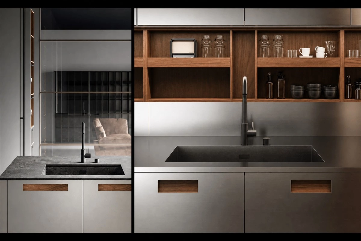 Kitchen cabinet handles with contrasting material details