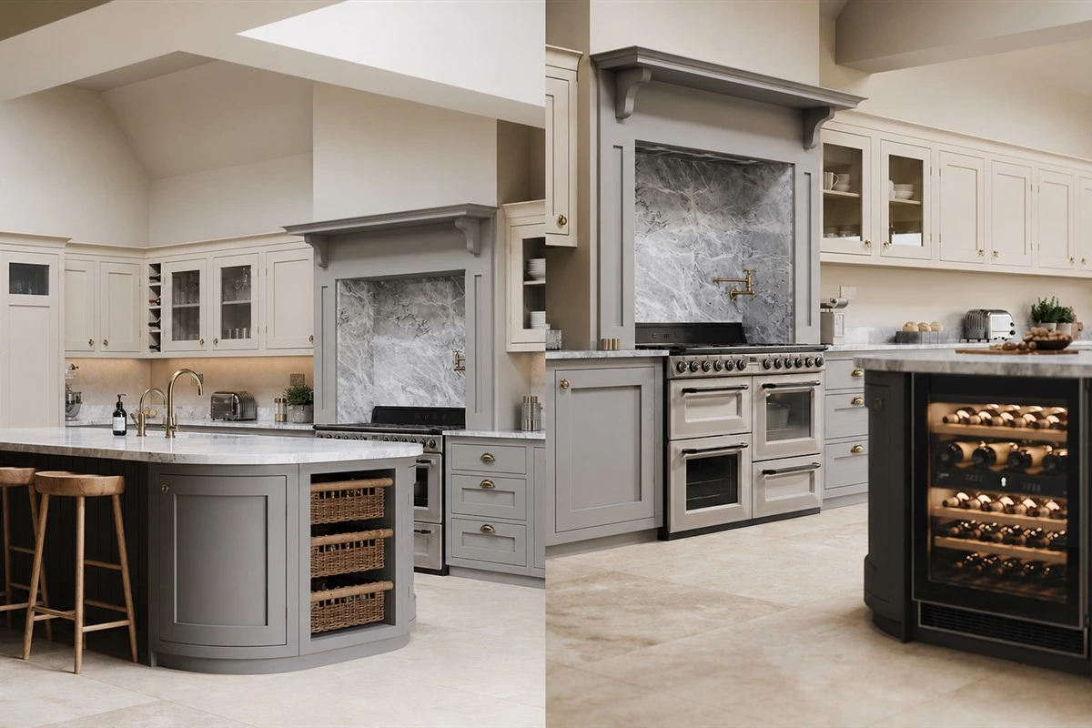 Cream Shaker kitchen cabinets with glass storage and sintered stone countertops