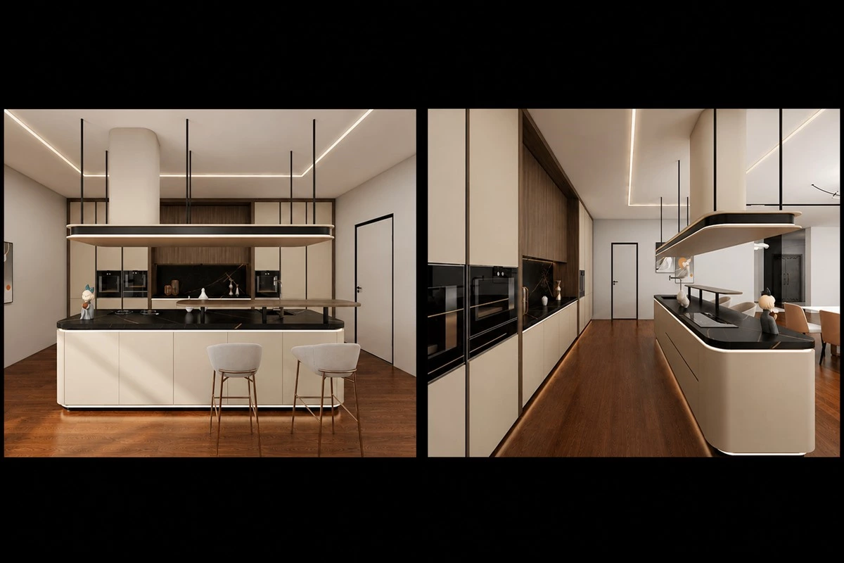 Curved kitchen island with walnut counter and sintered stone backsplash