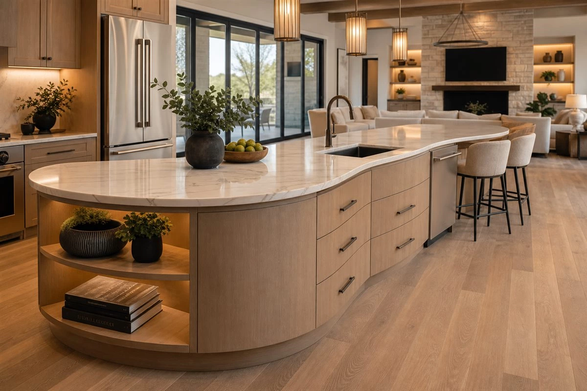 Curved kitchen island with bar seating and multifunctional storage