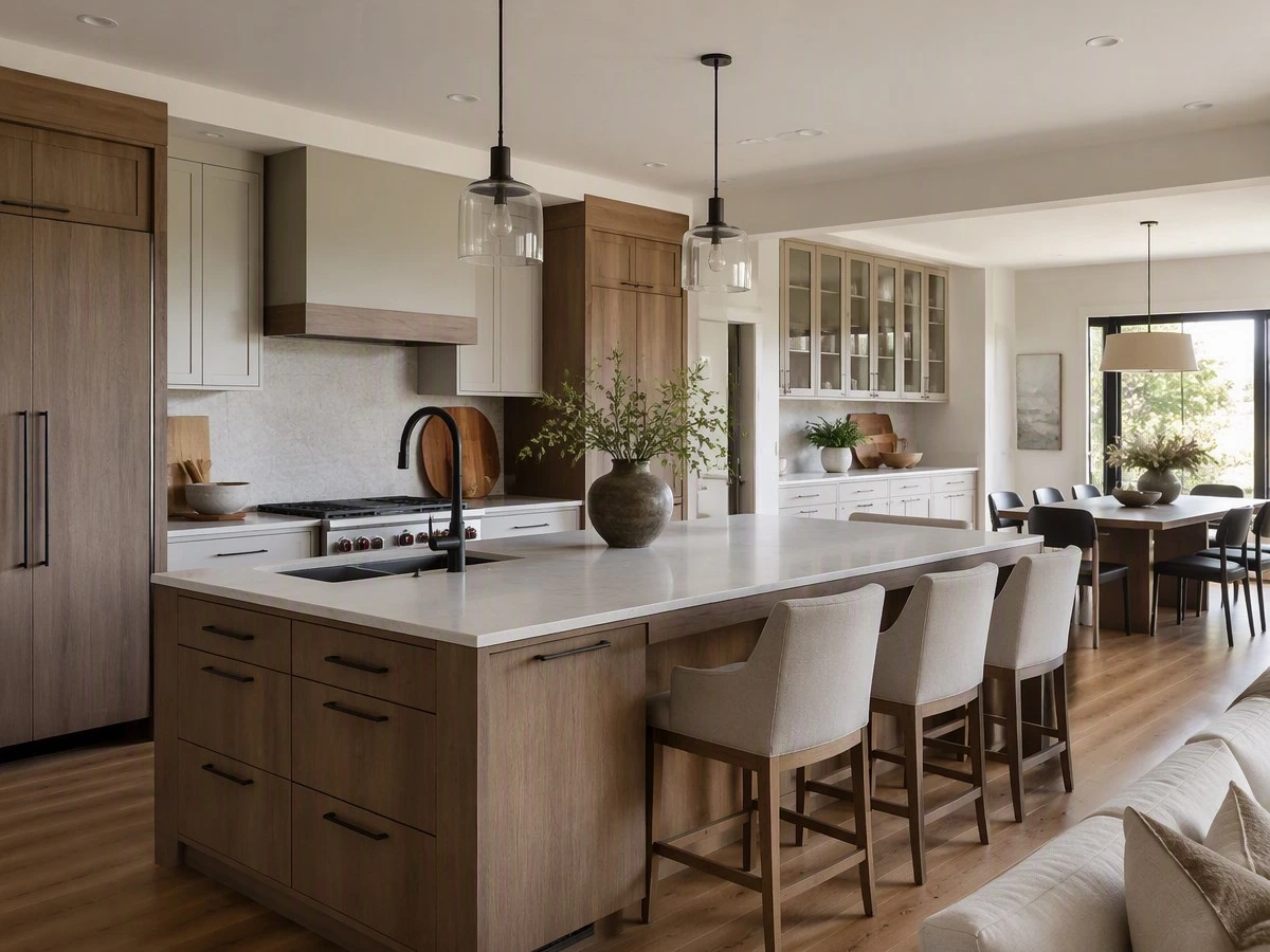 Custom kitchen island storage and whole-home cabinet coordination
