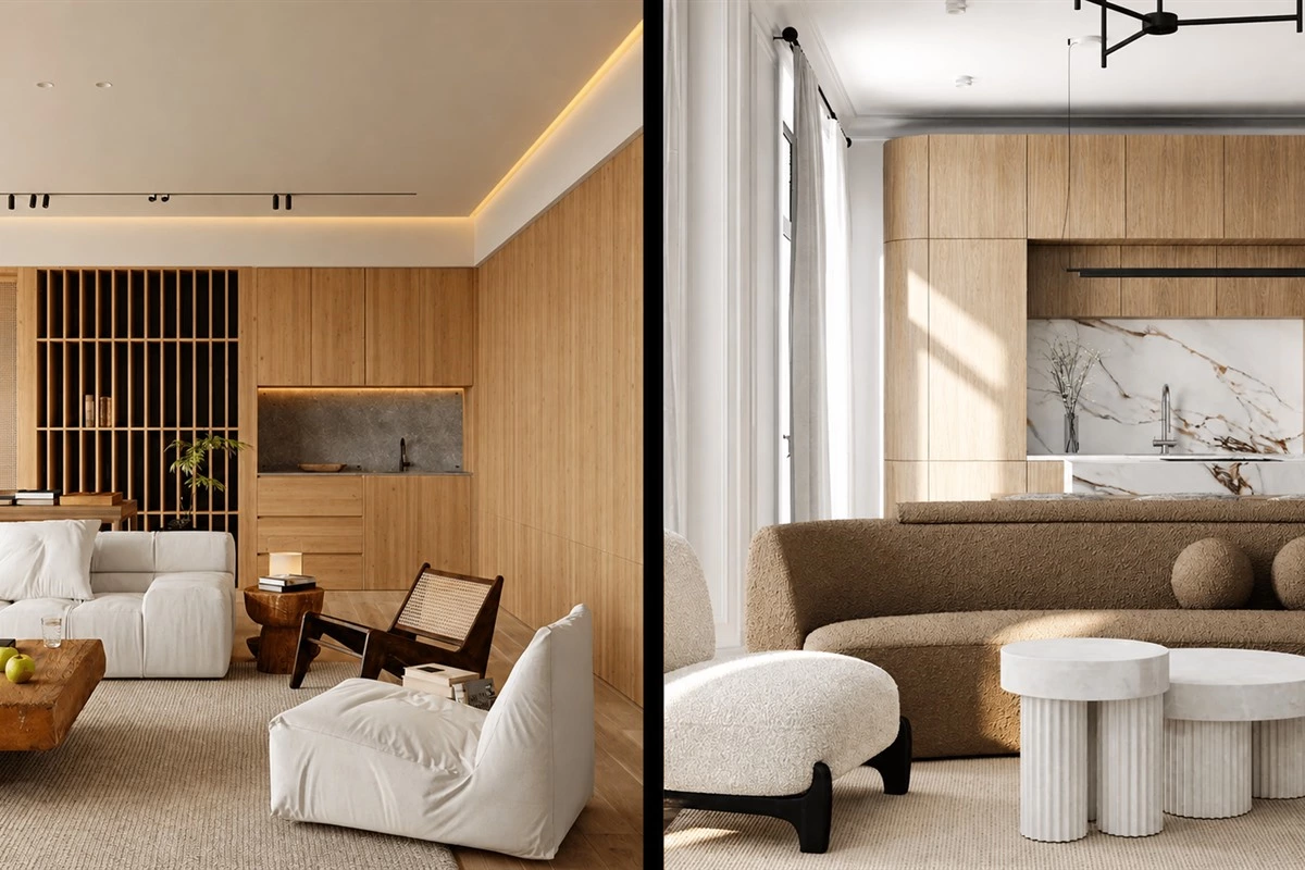 Earth tone interior balanced with crisp white walls and natural finishes