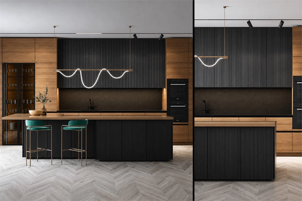 Fluted black and wood kitchen cabinet doors with horizontal wood grain and island lighting
