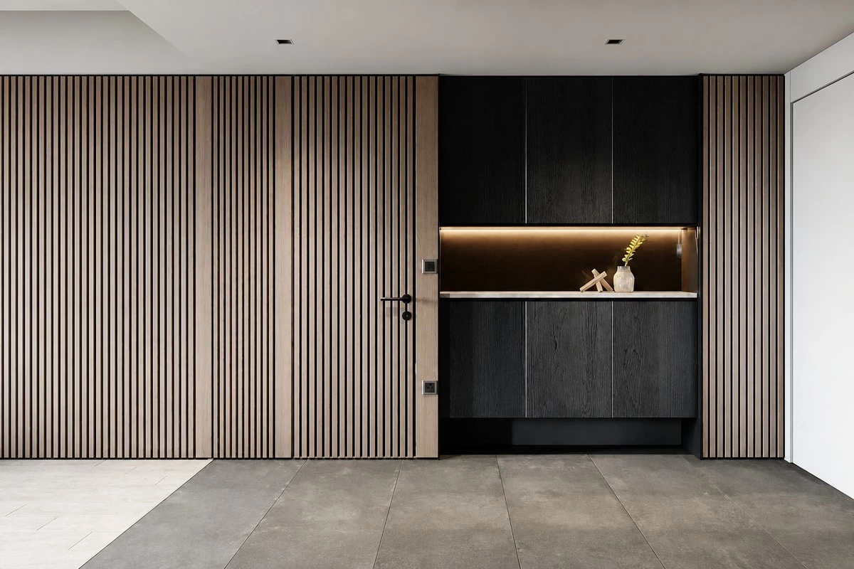 Fluted hidden door integrated into a modern wall panel
