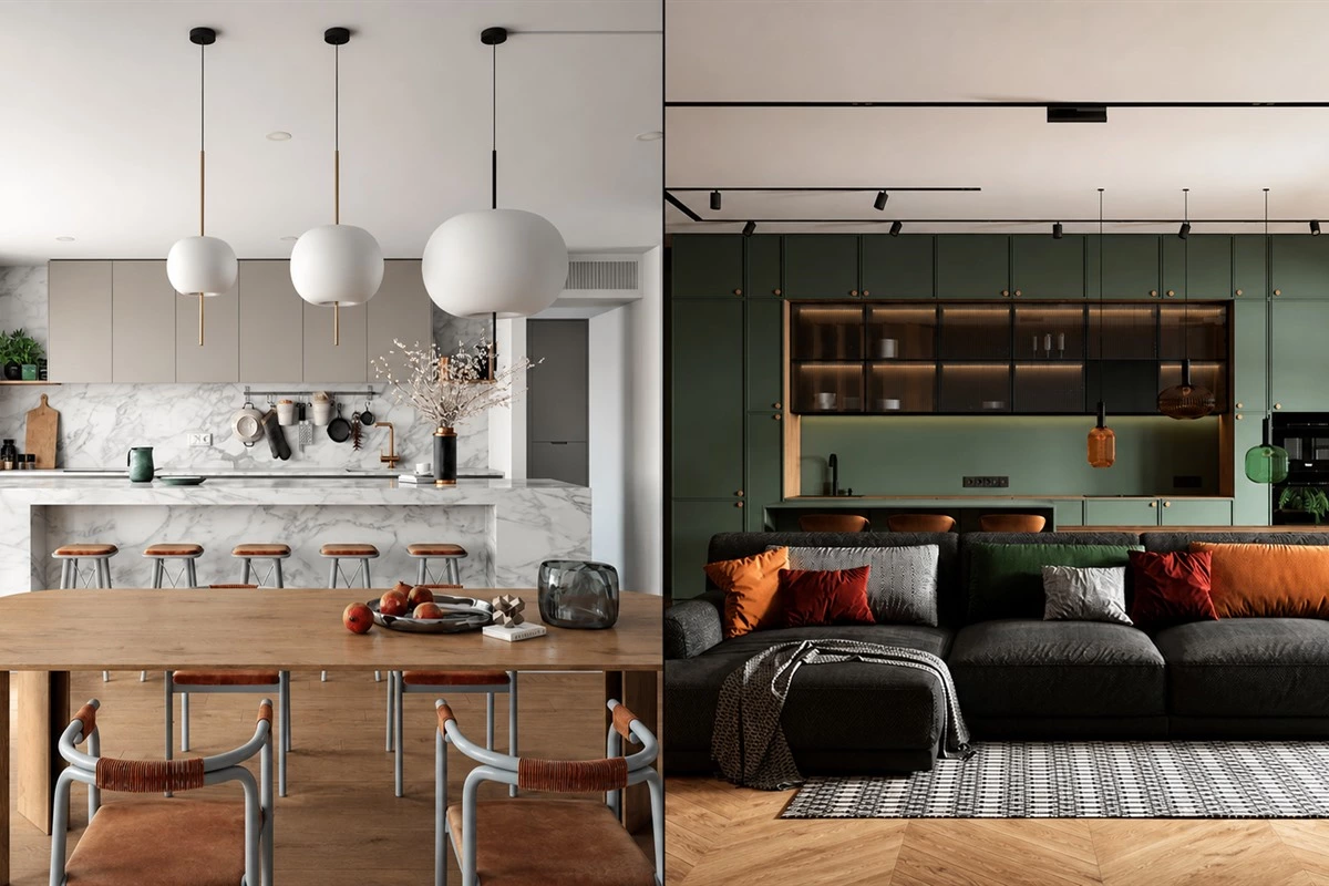 Green kitchen cabinets with natural wood and light countertop finishes
