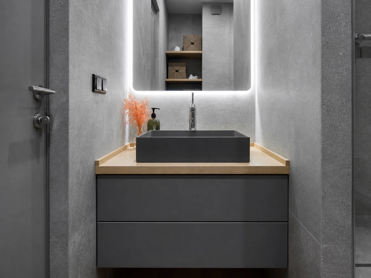 Grey bathroom vanity detail with light wood and practical storage