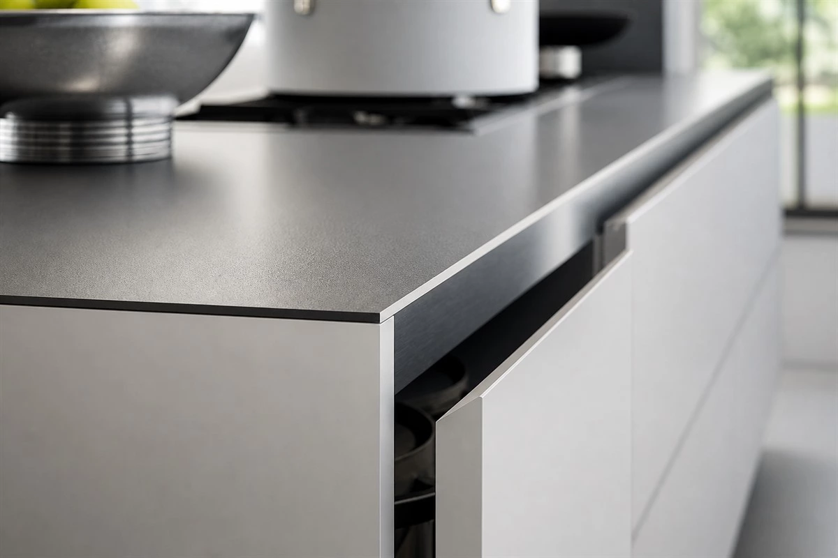 Handleless cabinet with a bevel-cut joint treatment