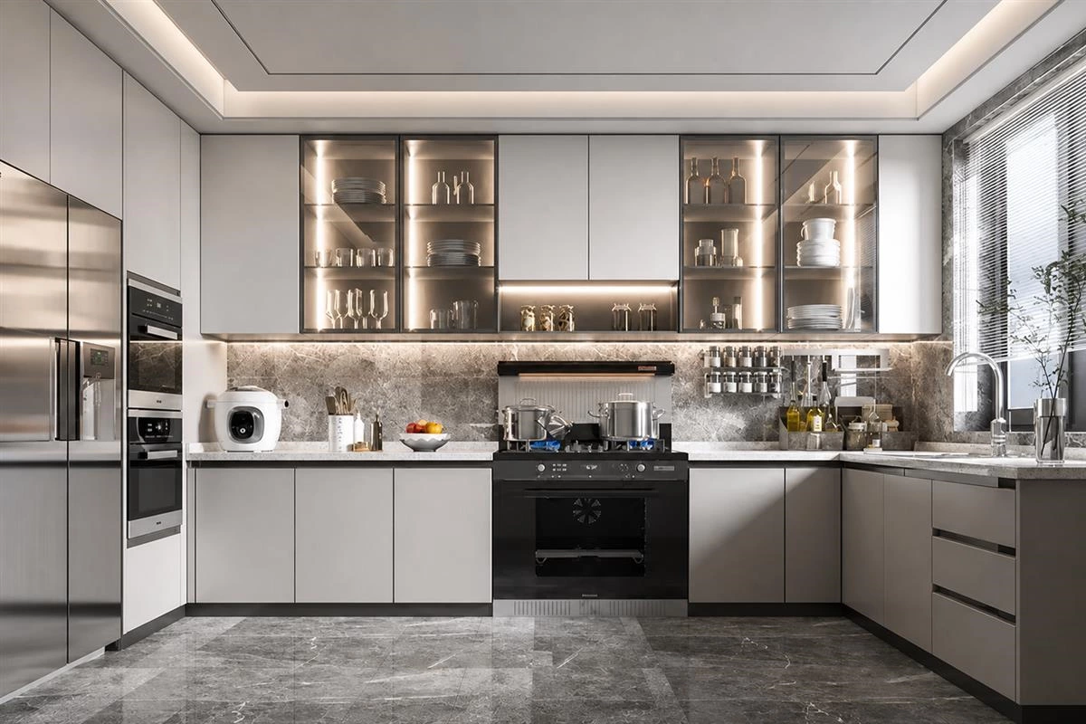Handleless modern kitchen cabinets with a seamless finish