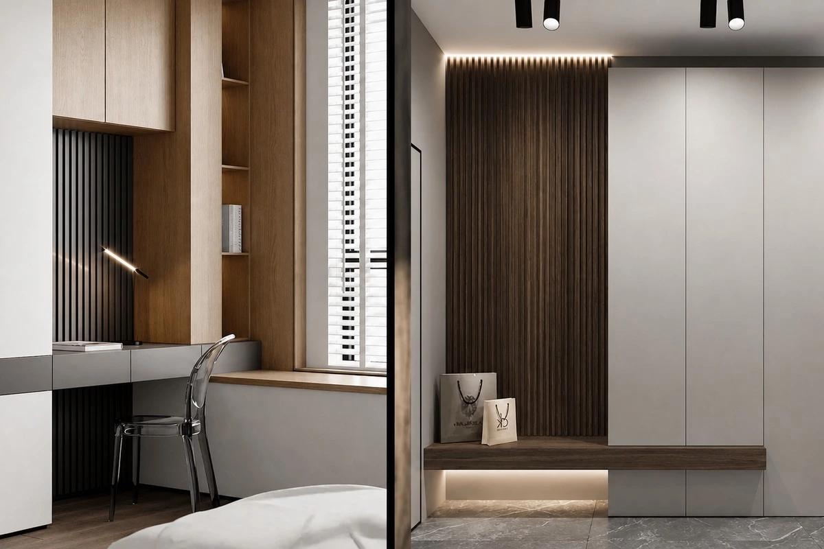 Interlocking cabinet materials and colors in a high-end custom cabinet detail