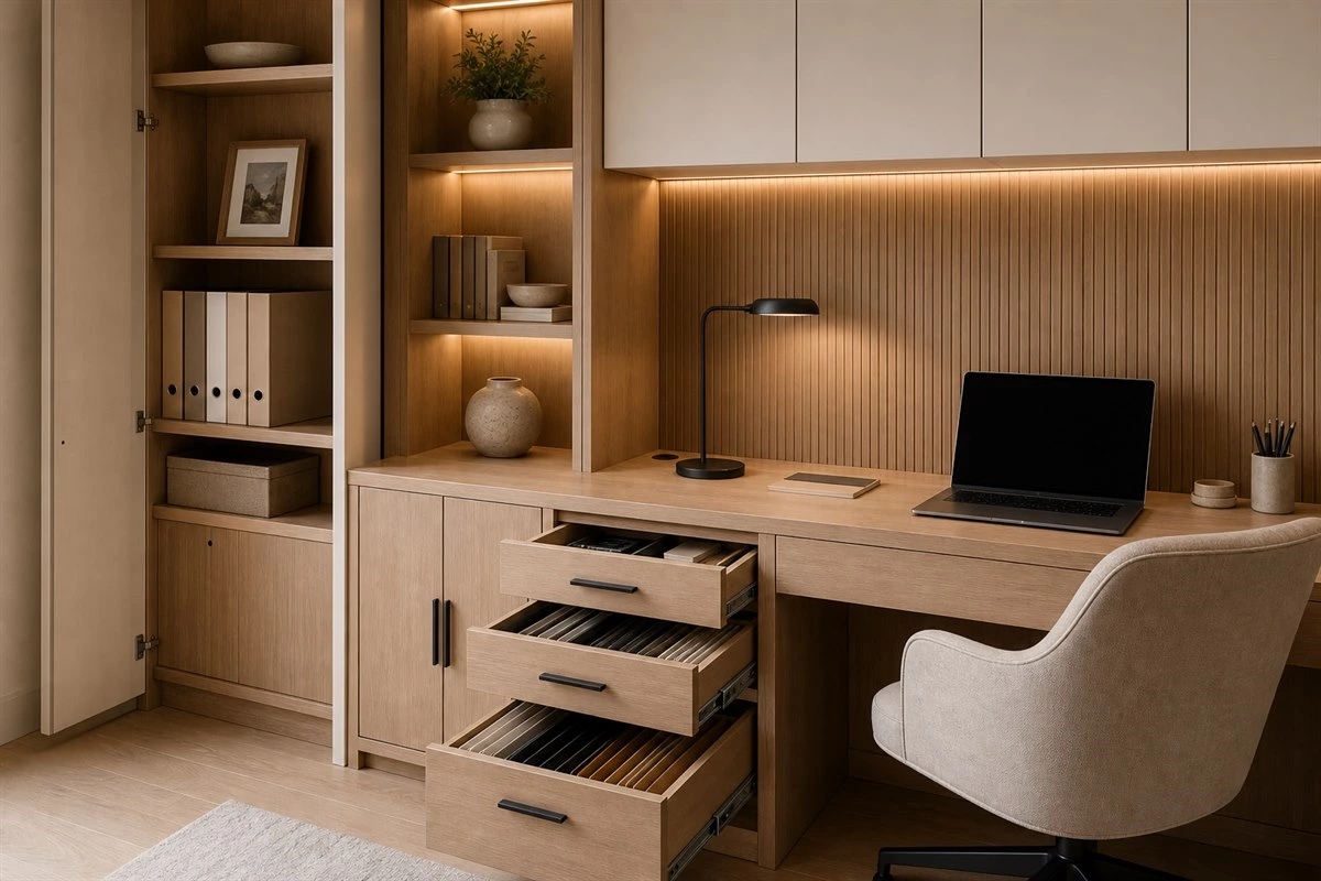 custom home office cabinet storage with file drawers shelves and hidden cables