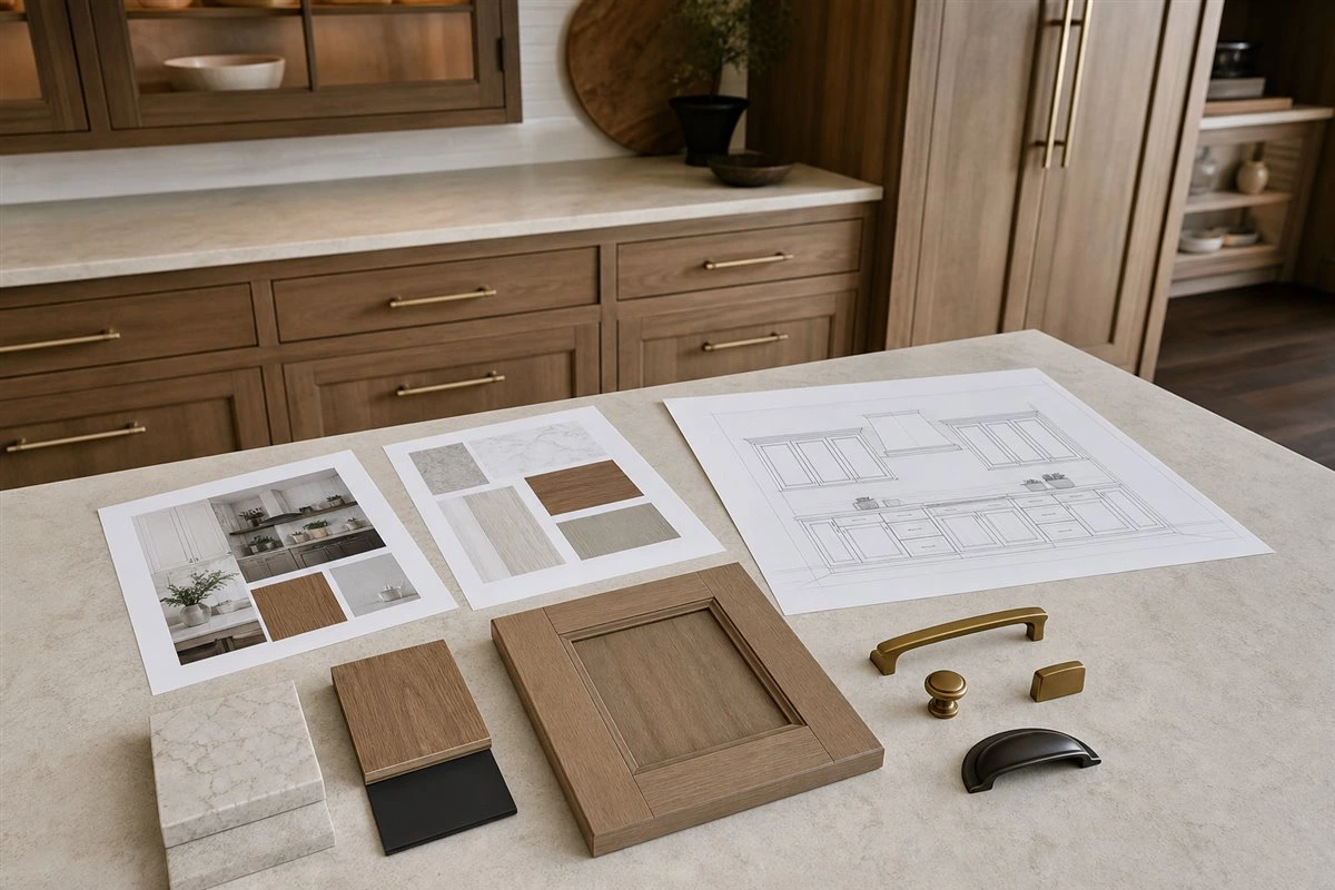 Homeowner comparing kitchen cabinet warranty terms before ordering