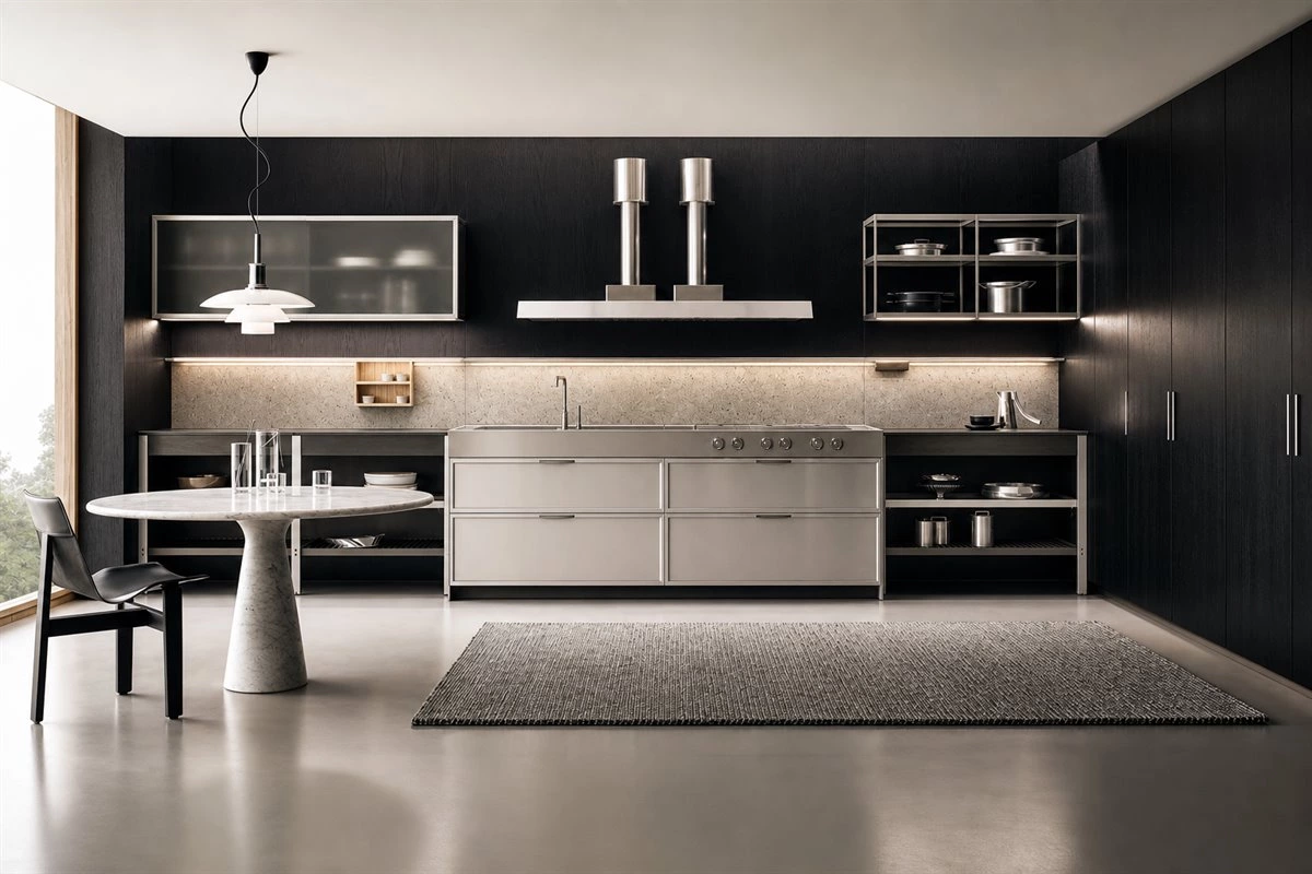 Industrial wood and stainless steel kitchen with bar Industrial wood and stainless steel kitchen with built-in bar counter and tall cabinet