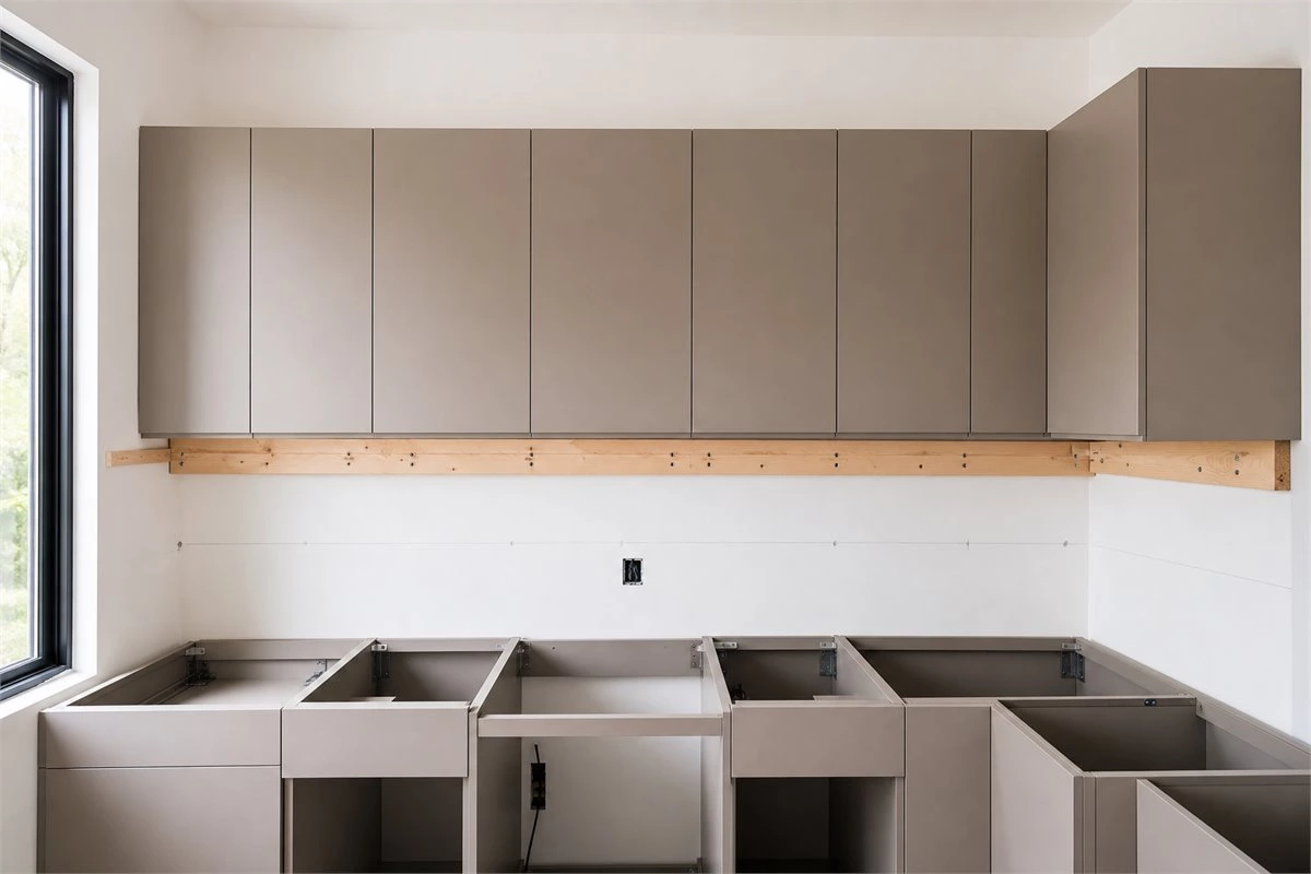 Wall cabinet installation above marked base cabinet layout with temporary level support board