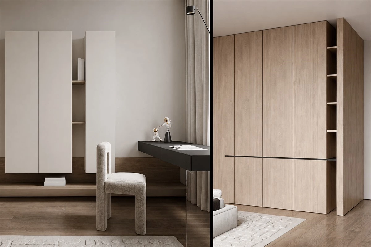 Floating desk and wood wardrobe in a flexible kids bedroom set
