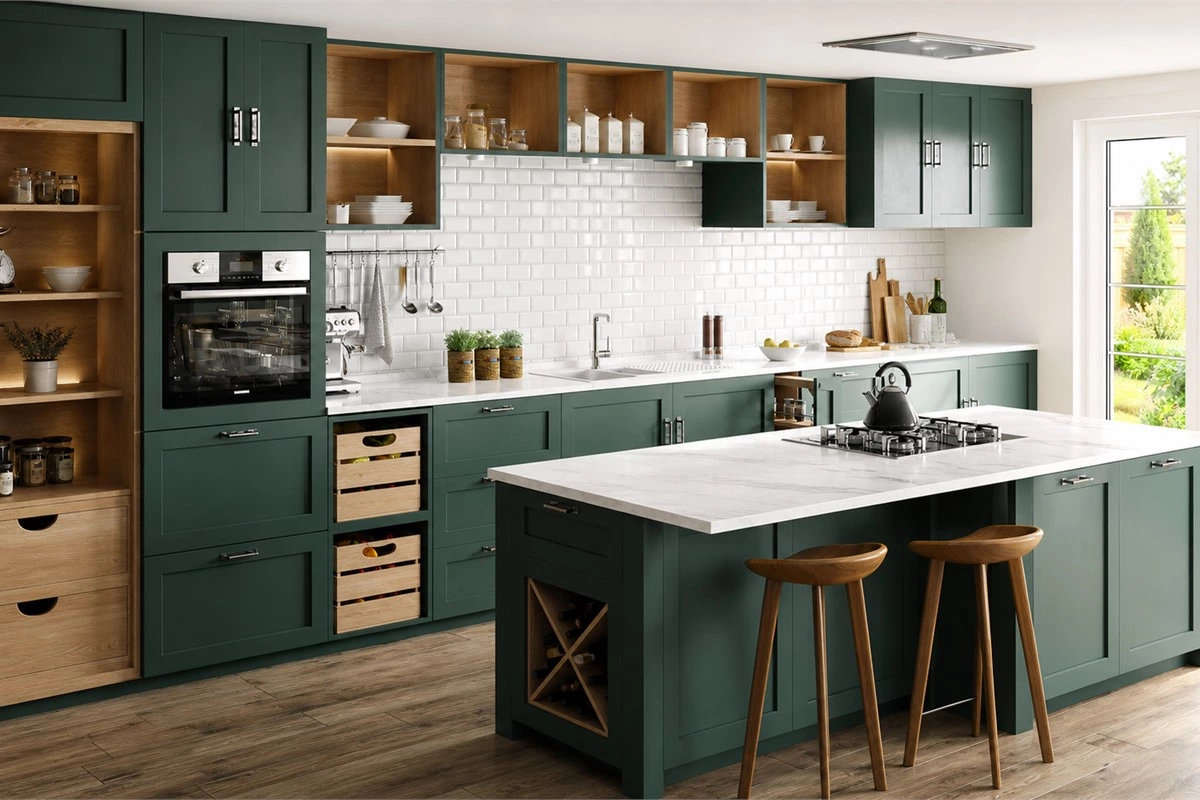 Kitchen island with bar seating, open storage and wine rack