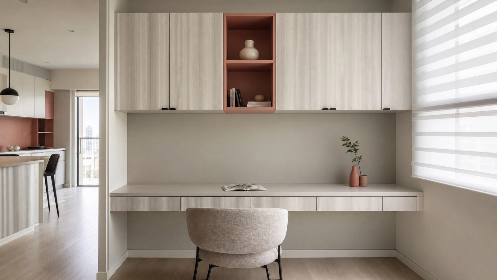 Efficient L-shaped kitchen workflow with drawer storage and clear countertop zones