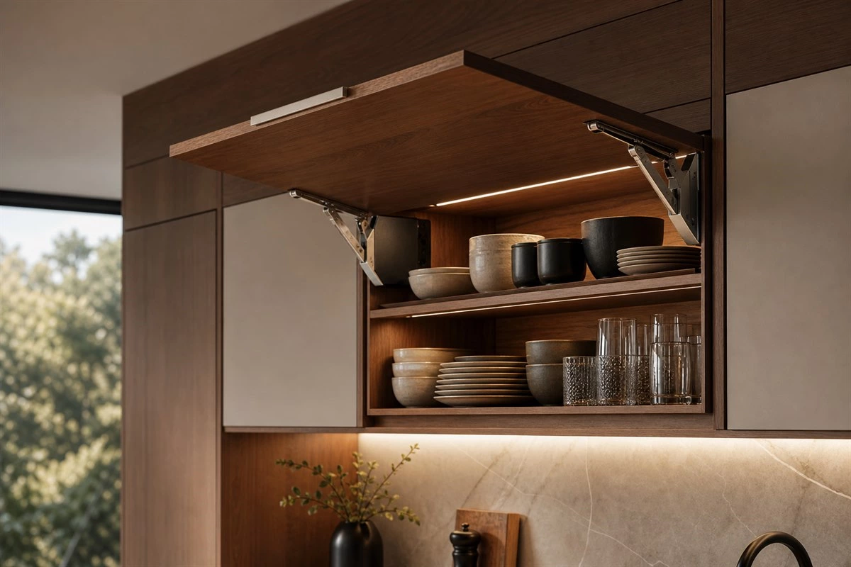 Lift-up cabinet hardware for an upper kitchen wall cabinet Lift-up cabinet hardware for an upper kitchen wall cabinet