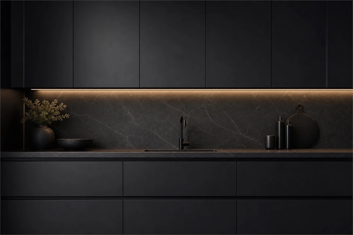 Matte black kitchen cabinet design with a refined and minimal appearance