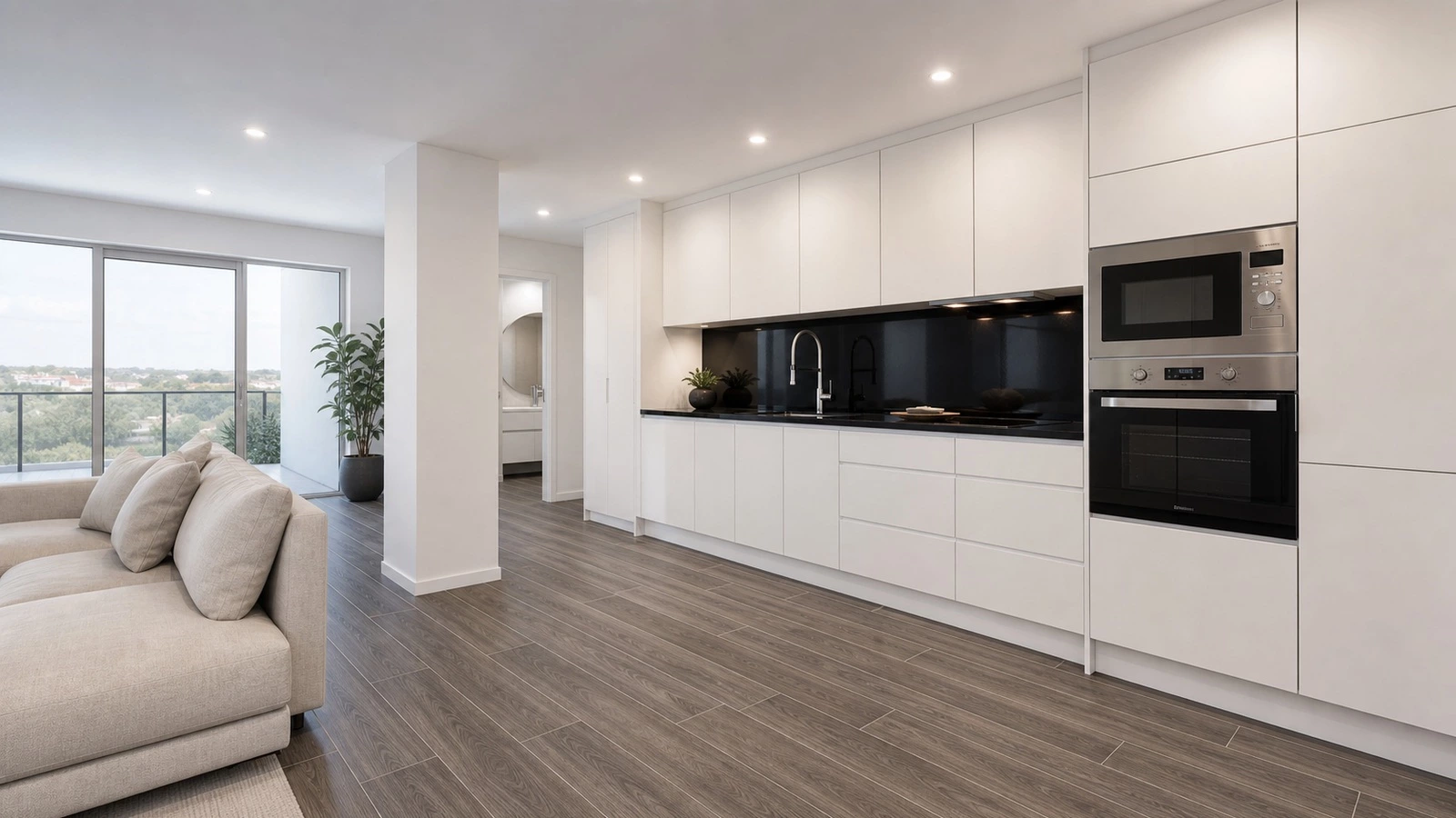 Minimalist apartment cabinets coordinated across the AC1 Sintra Project