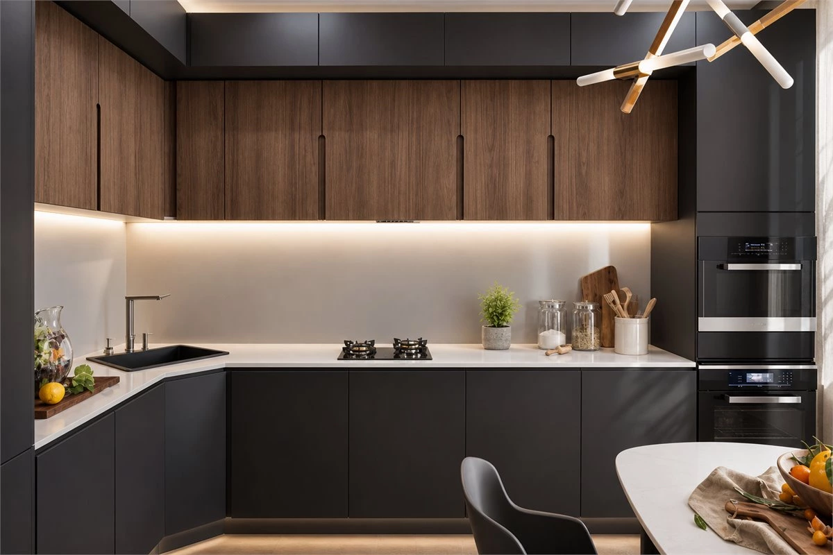 Minimalist kitchen cabinet design with vertical lines and slim hardware