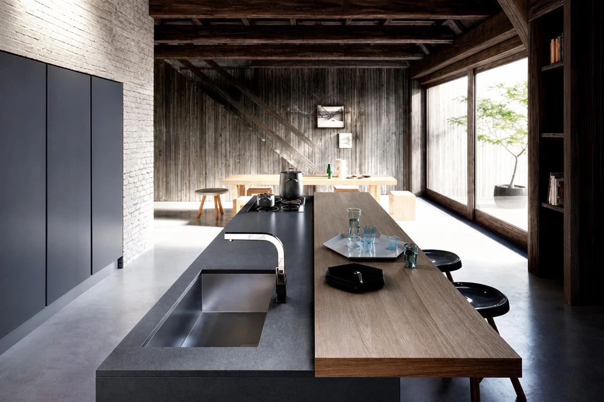 Modern kitchen bar counter connecting the cooking and living areas