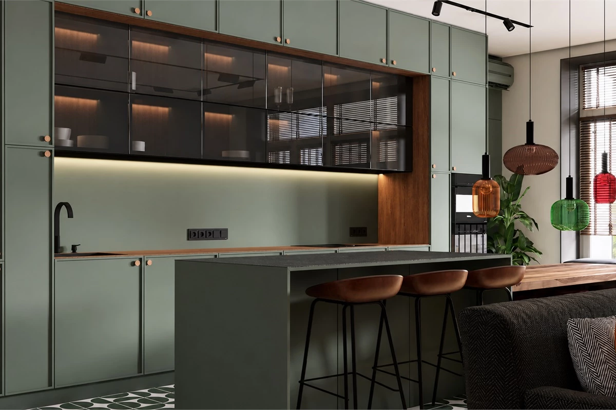 Balanced modern kitchen design combining practical storage and refined aesthetics
