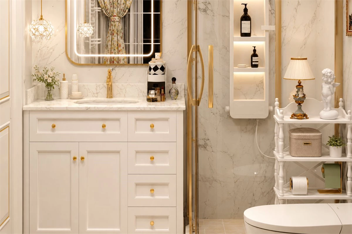 Moisture-resistant custom bathroom vanity with organized storage
