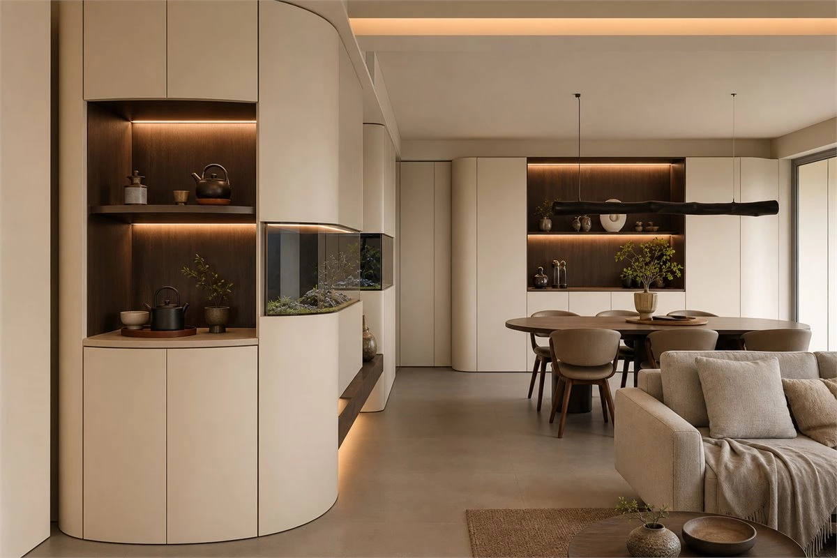 Multifunctional curved custom cabinet around a living room column