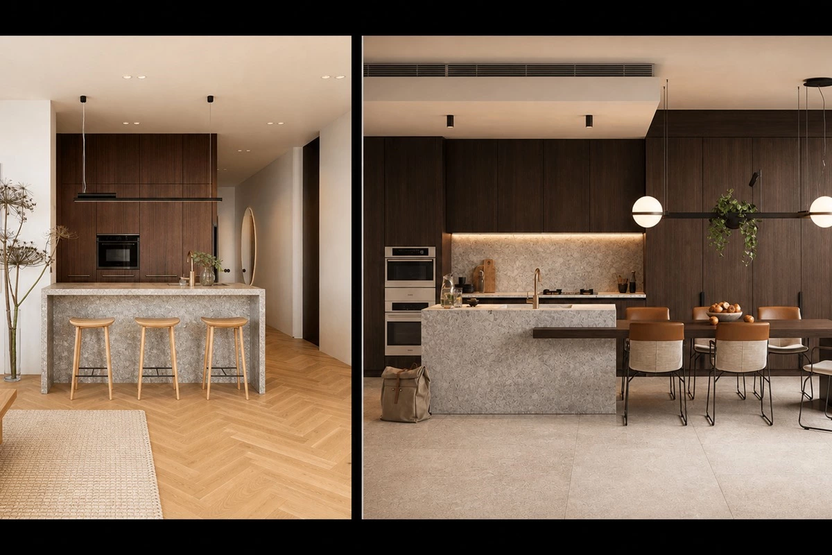 Kitchen with natural wood cabinets, stone surfaces and earthy tones