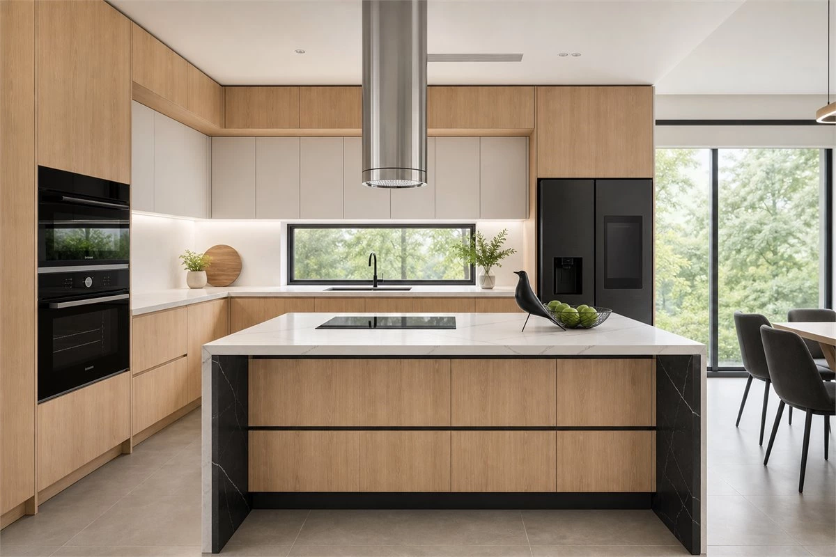 Oak kitchen cabinets with sintered stone countertops and spacious island