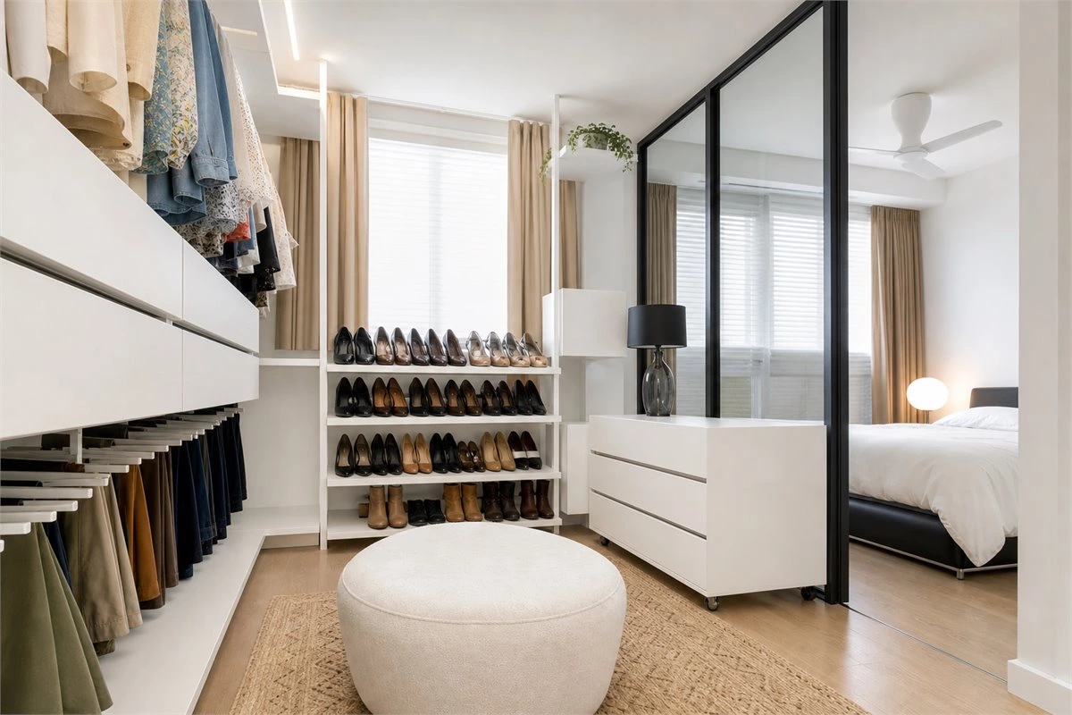 Open concept walk-in closet connecting bedroom and dressing area