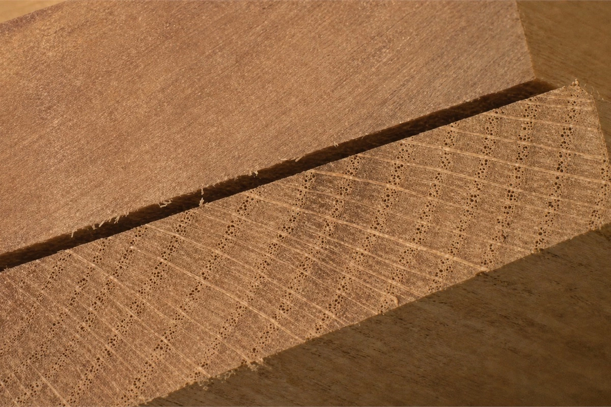 Open grain red oak and closed grain cherry wood comparison