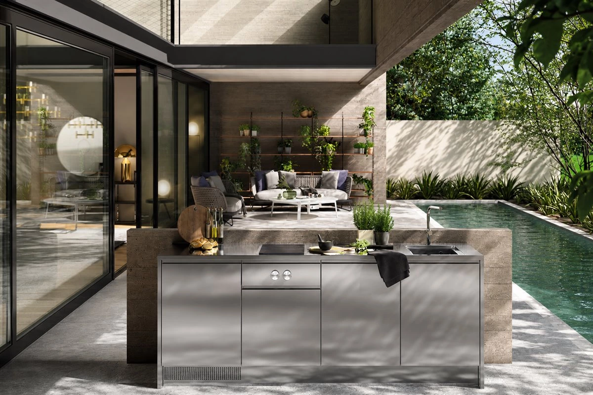 Outdoor Stainless Steel Kitchen Cabinets Outdoor stainless steel kitchen cabinets with integrated handles and countertop